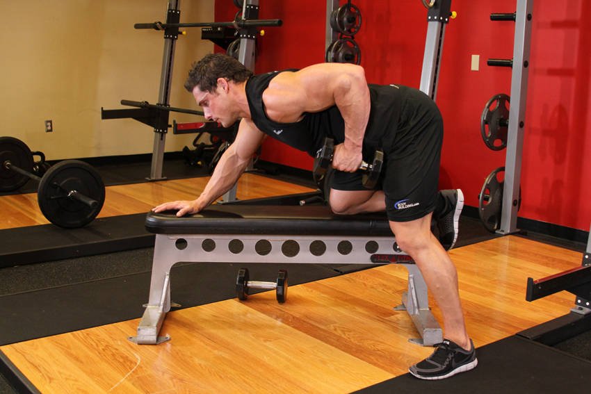 Single-Arm Dumbbell Row (Braced on Bench) — End